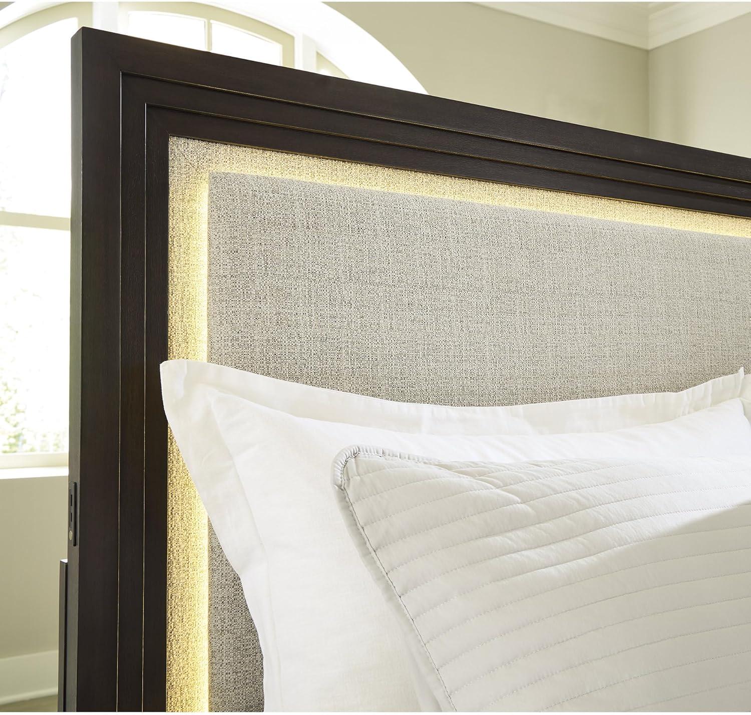 imageSignature Design by Ashley Neymorton Contemporary Stain Resistant Upholstered Lighted Panel Headboard with USB Ports for Bedroom Queen Light Gray ampamp Dark BrownQueen