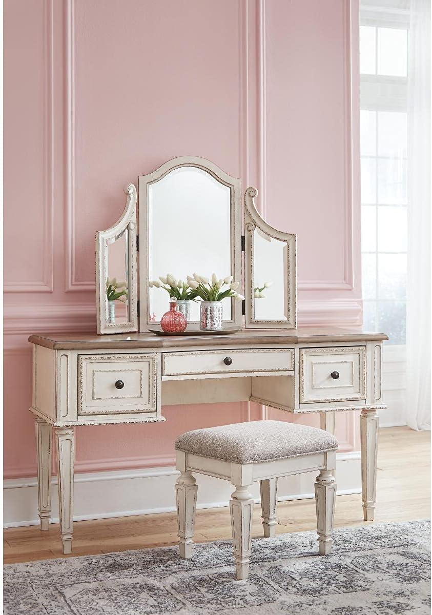 imageSignature Design by Ashley Realyn Traditional Cottage 3 Drawer Vanity Set with Dovetail Construction Mirror ampamp Stool Included Chipped White Distressed BrownRealyn