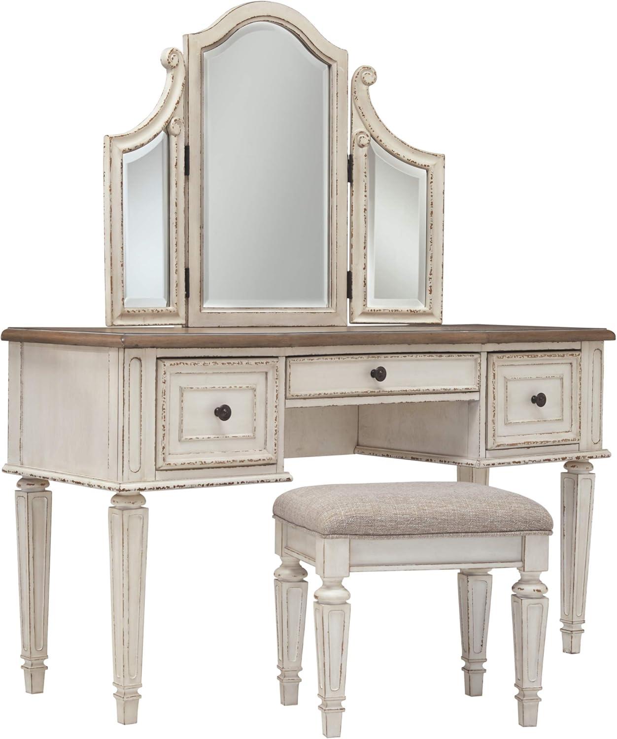 imageSignature Design by Ashley Realyn Traditional Cottage 3 Drawer Vanity Set with Dovetail Construction Mirror ampamp Stool Included Chipped White Distressed BrownRealyn