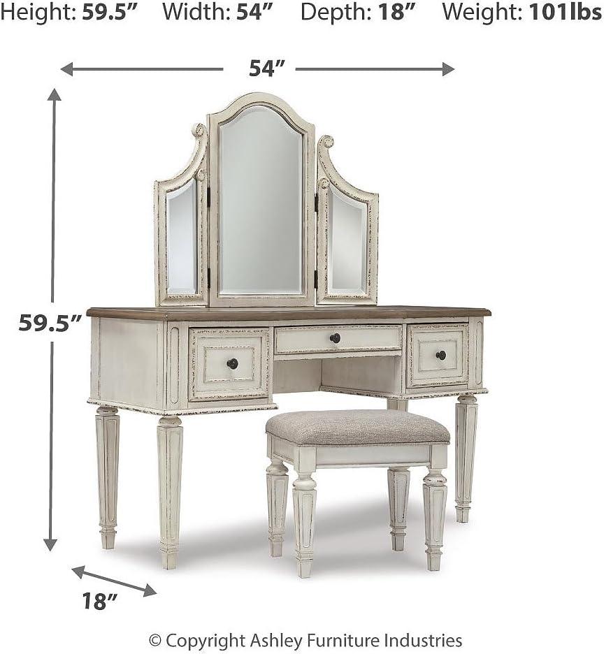 imageSignature Design by Ashley Realyn Traditional Cottage 3 Drawer Vanity Set with Dovetail Construction Mirror ampamp Stool Included Chipped White Distressed BrownRealyn