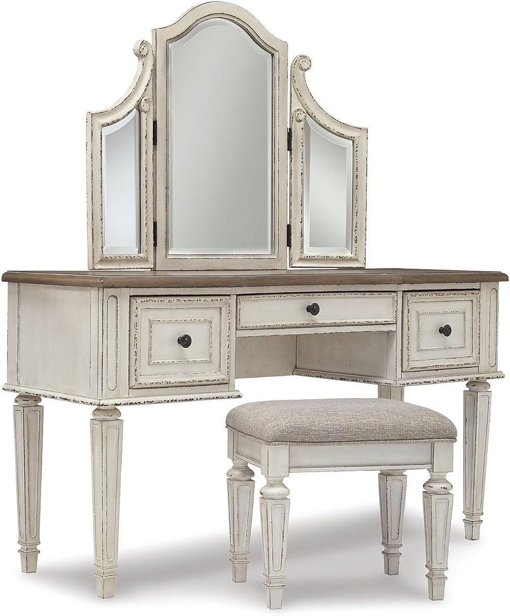 imageSignature Design by Ashley Realyn Traditional Cottage 3 Drawer Vanity Set with Dovetail Construction Mirror ampamp Stool Included Chipped White Distressed BrownRealyn