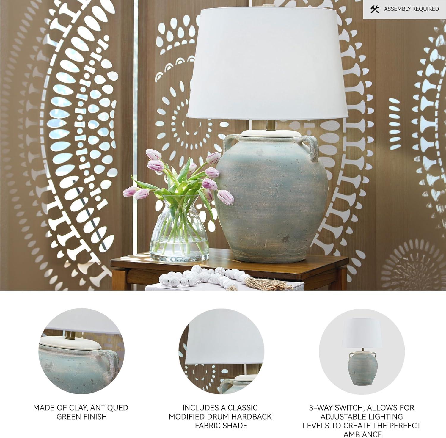imageSignature Design by Ashley Shawburg Transitional Terra Cotta Table Lamp with 3Way Switch Light Green ampamp White