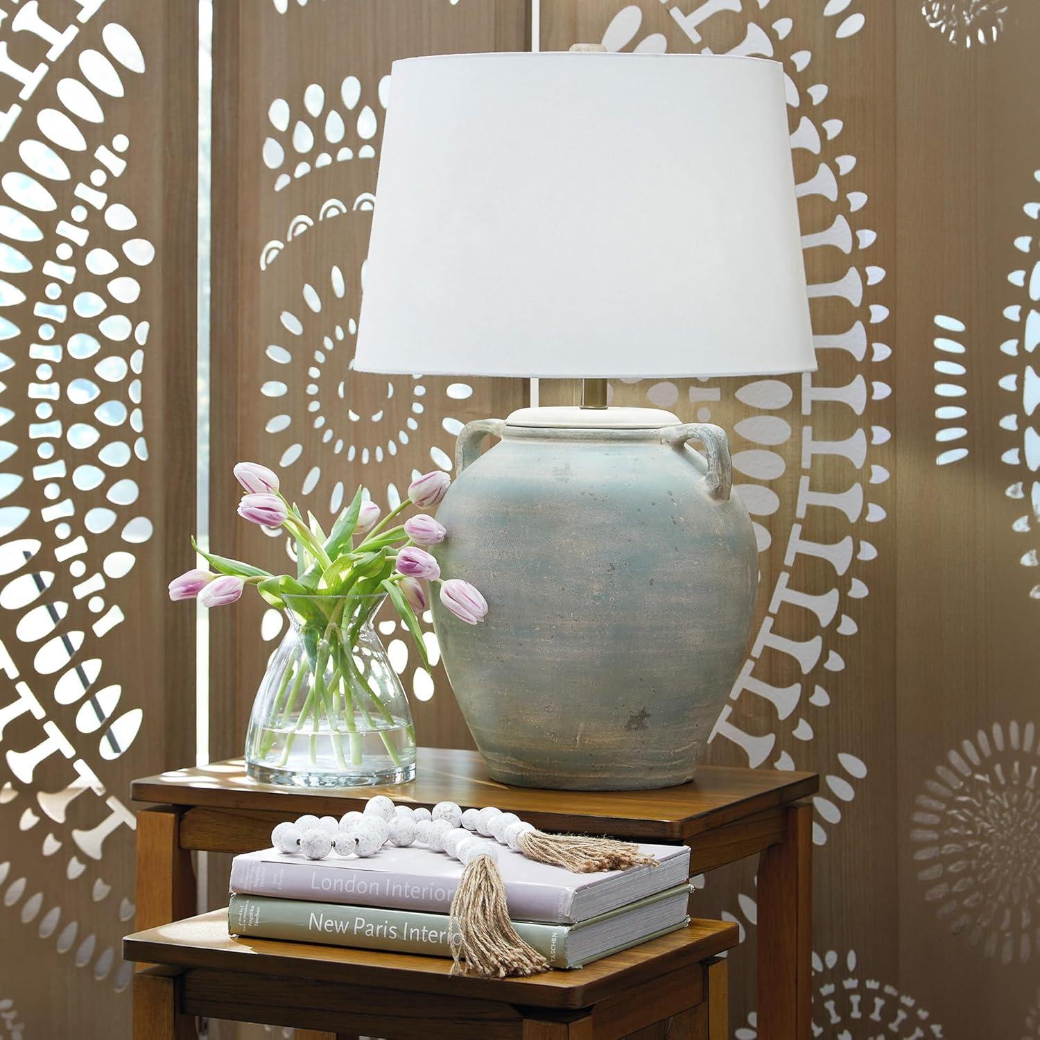 imageSignature Design by Ashley Shawburg Transitional Terra Cotta Table Lamp with 3Way Switch Light Green ampamp White