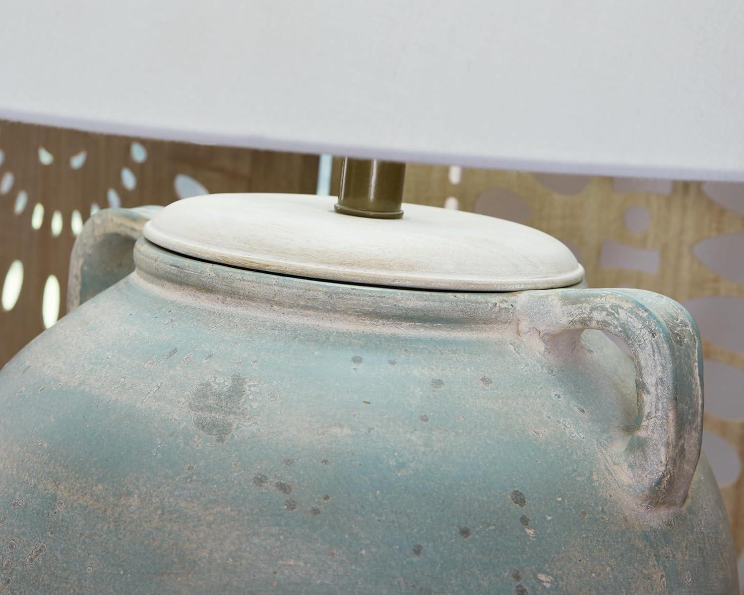 imageSignature Design by Ashley Shawburg Transitional Terra Cotta Table Lamp with 3Way Switch Light Green ampamp White