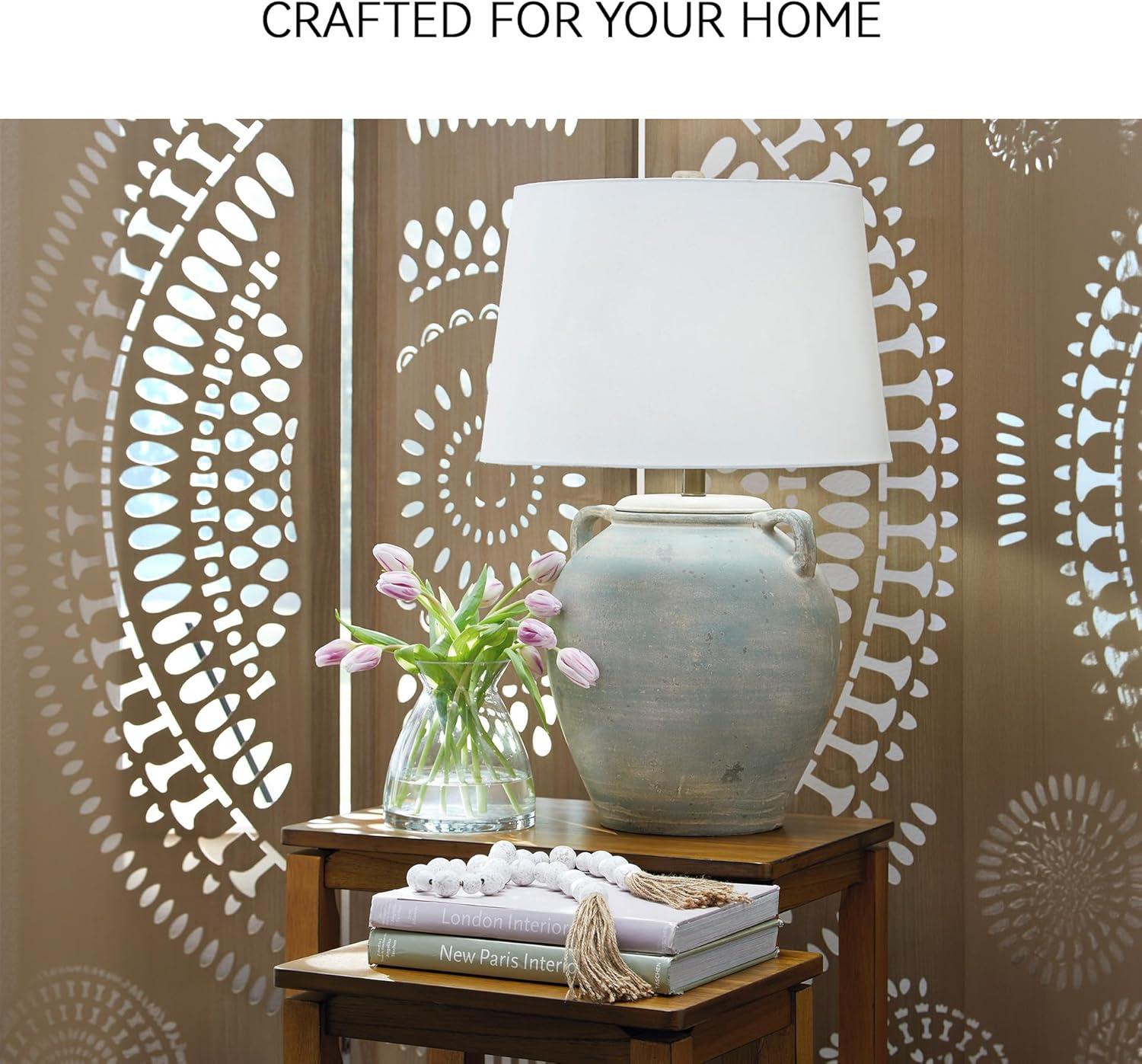 imageSignature Design by Ashley Shawburg Transitional Terra Cotta Table Lamp with 3Way Switch Light Green ampamp White