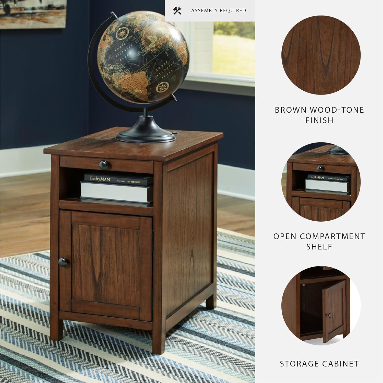 imageSignature Design by Ashley Treytown Casual Compact Chairside End Table with a Storage Cabinet Open Cubby Shelf PullOut Tray ampamp USB Charging Ports BrownBrown