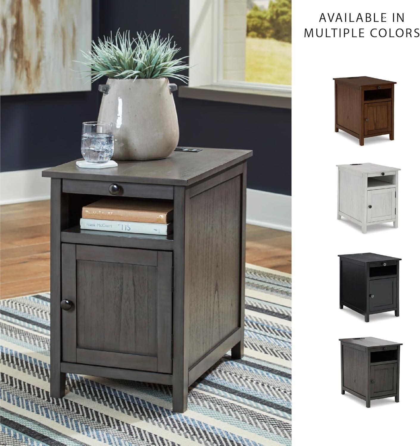 imageSignature Design by Ashley Treytown Casual Compact Chairside End Table with a Storage Cabinet Open Cubby Shelf PullOut Tray ampamp USB Charging Ports BrownDark Gray