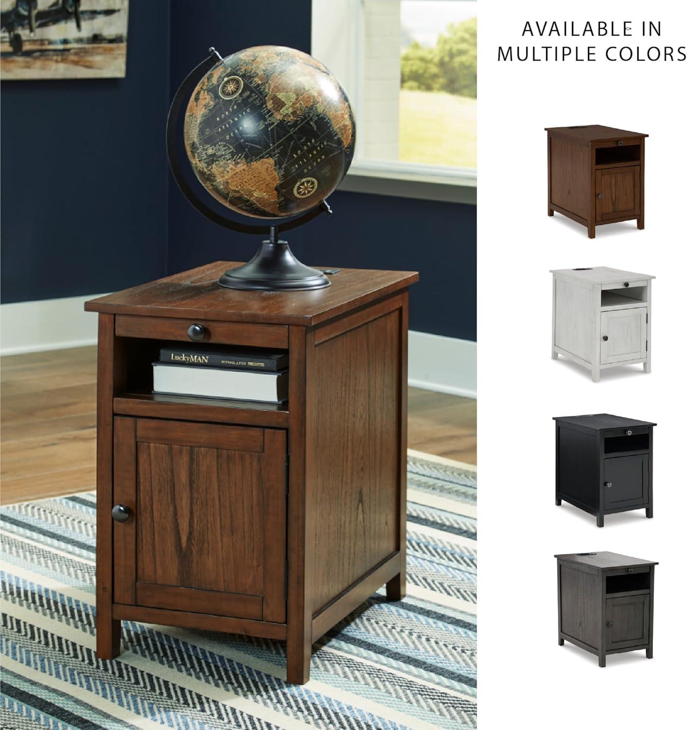 imageSignature Design by Ashley Treytown Casual Compact Chairside End Table with a Storage Cabinet Open Cubby Shelf PullOut Tray ampamp USB Charging Ports BrownBrown