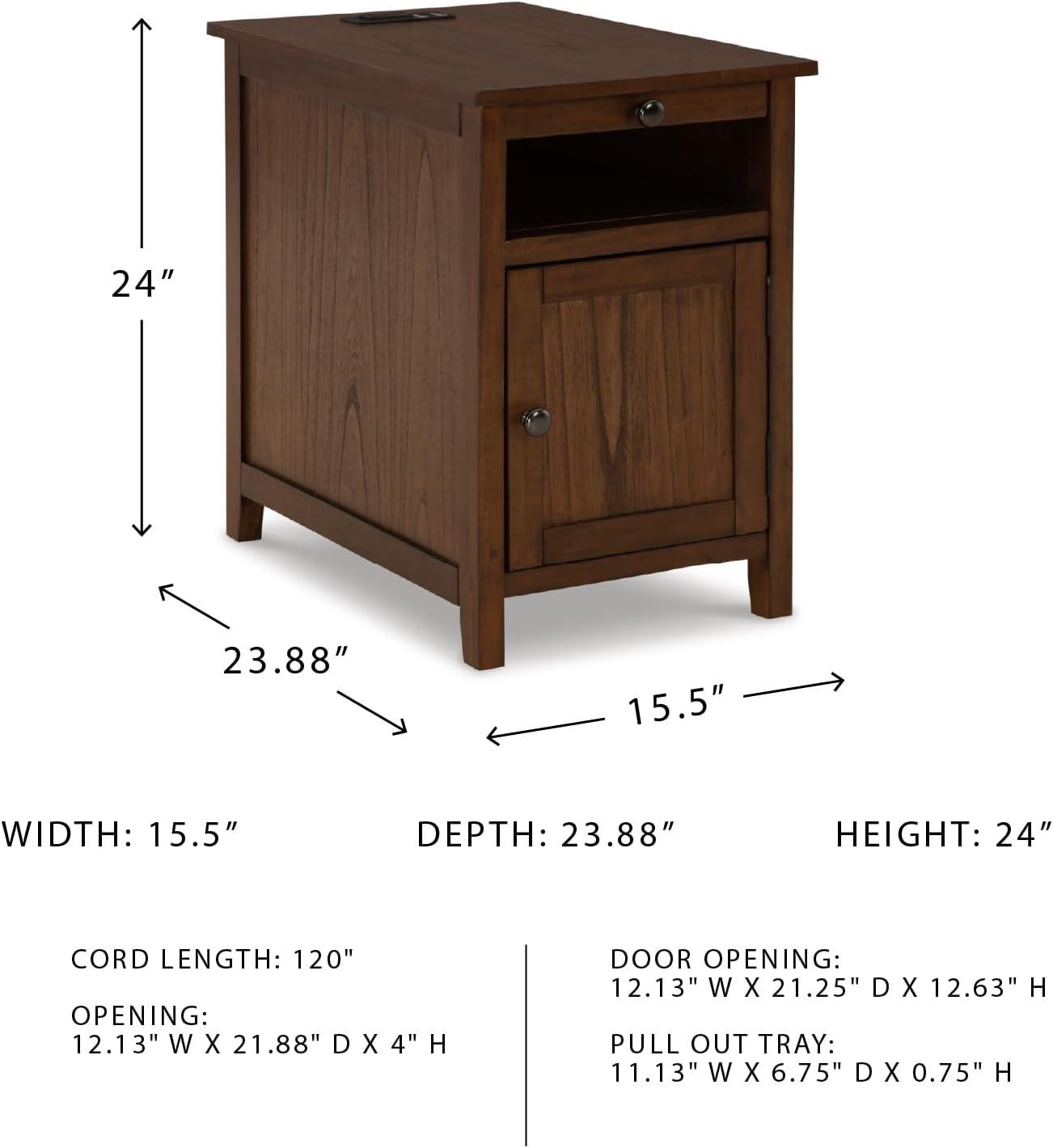 imageSignature Design by Ashley Treytown Casual Compact Chairside End Table with a Storage Cabinet Open Cubby Shelf PullOut Tray ampamp USB Charging Ports BrownBrown