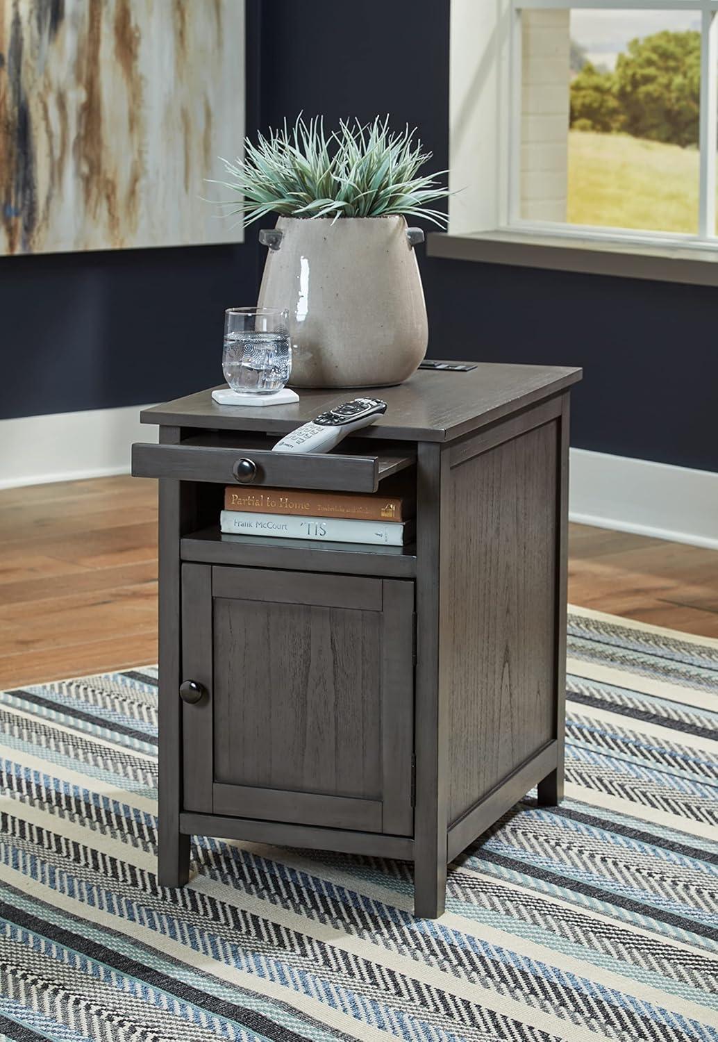 imageSignature Design by Ashley Treytown Casual Compact Chairside End Table with a Storage Cabinet Open Cubby Shelf PullOut Tray ampamp USB Charging Ports BrownDark Gray