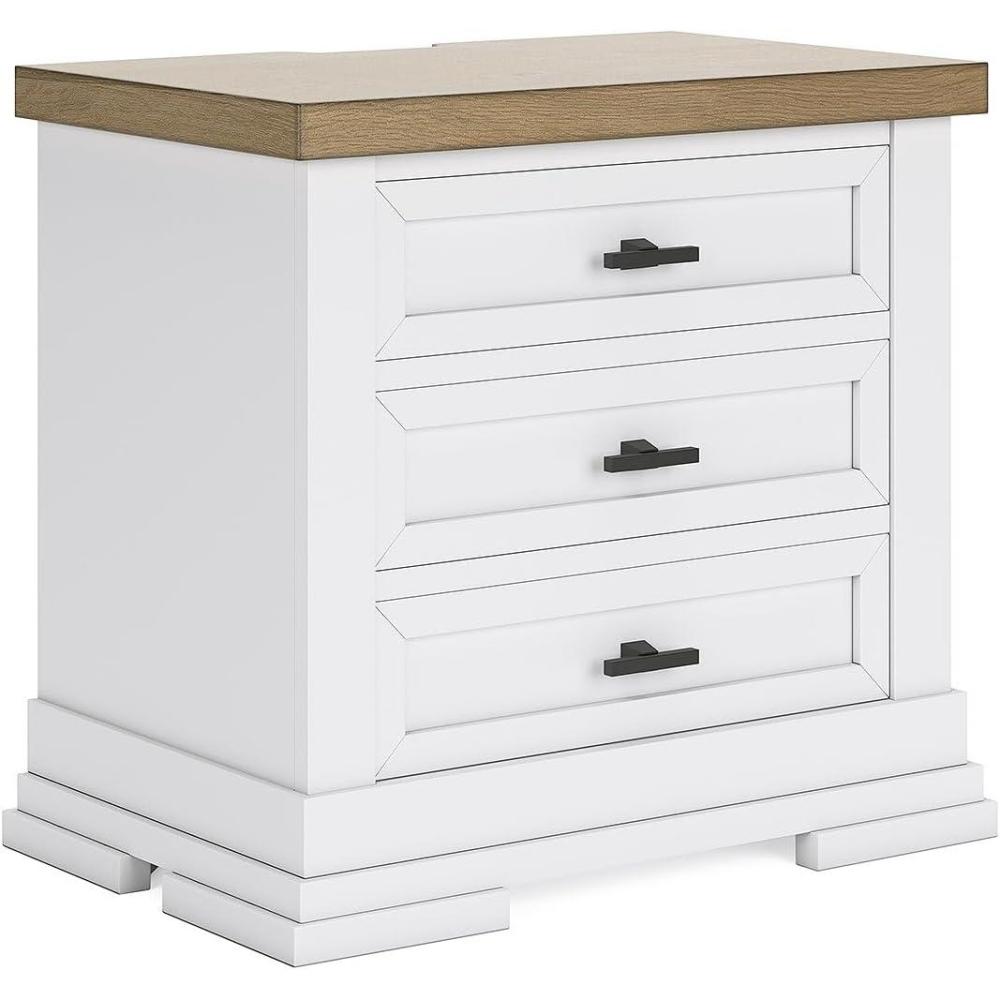imageSignature Design by Ashley Ashbryn Three Drawer Farmhouse Style Nightstand  White ampamp Natural Brown USB Charging Spacious Storage Dovetail Drawers