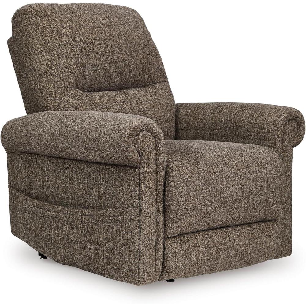 imageSignature Design by Ashley Aureta Classic Stain Resistant Power Lift Recliner with Side Pocket Heat and Massage Dark BrownEarth