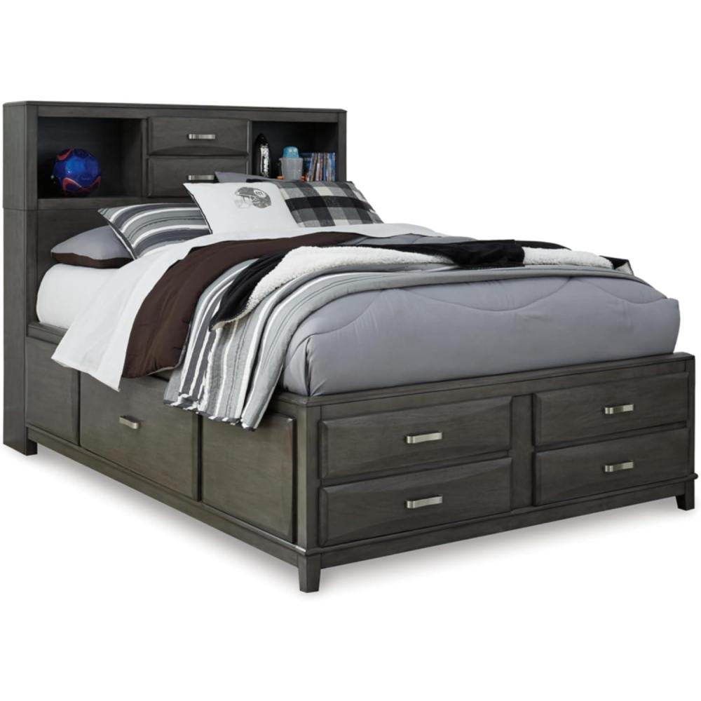imageSignature Design by Ashley Caitbrook Contemporary Queen Storage Platform Bed with 8 Drawers and 2 Cubbies Foundation or Box Spring Not Needed GrayGrey