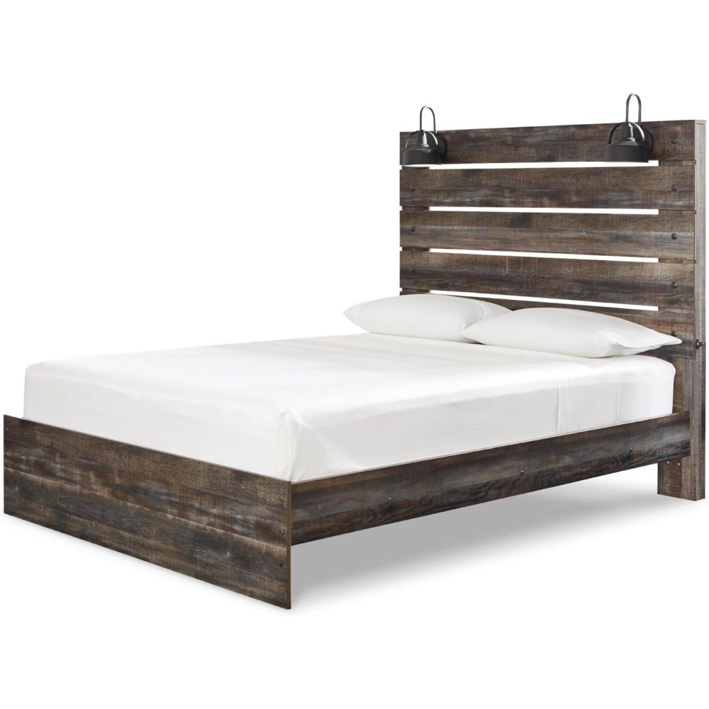 imageSignature Design by Ashley Drystan Rustic Full Bookcase Bed with Open Cubbies and LED Lights Foundation or Box Spring Needed Dark Brown ampamp GrayQueen