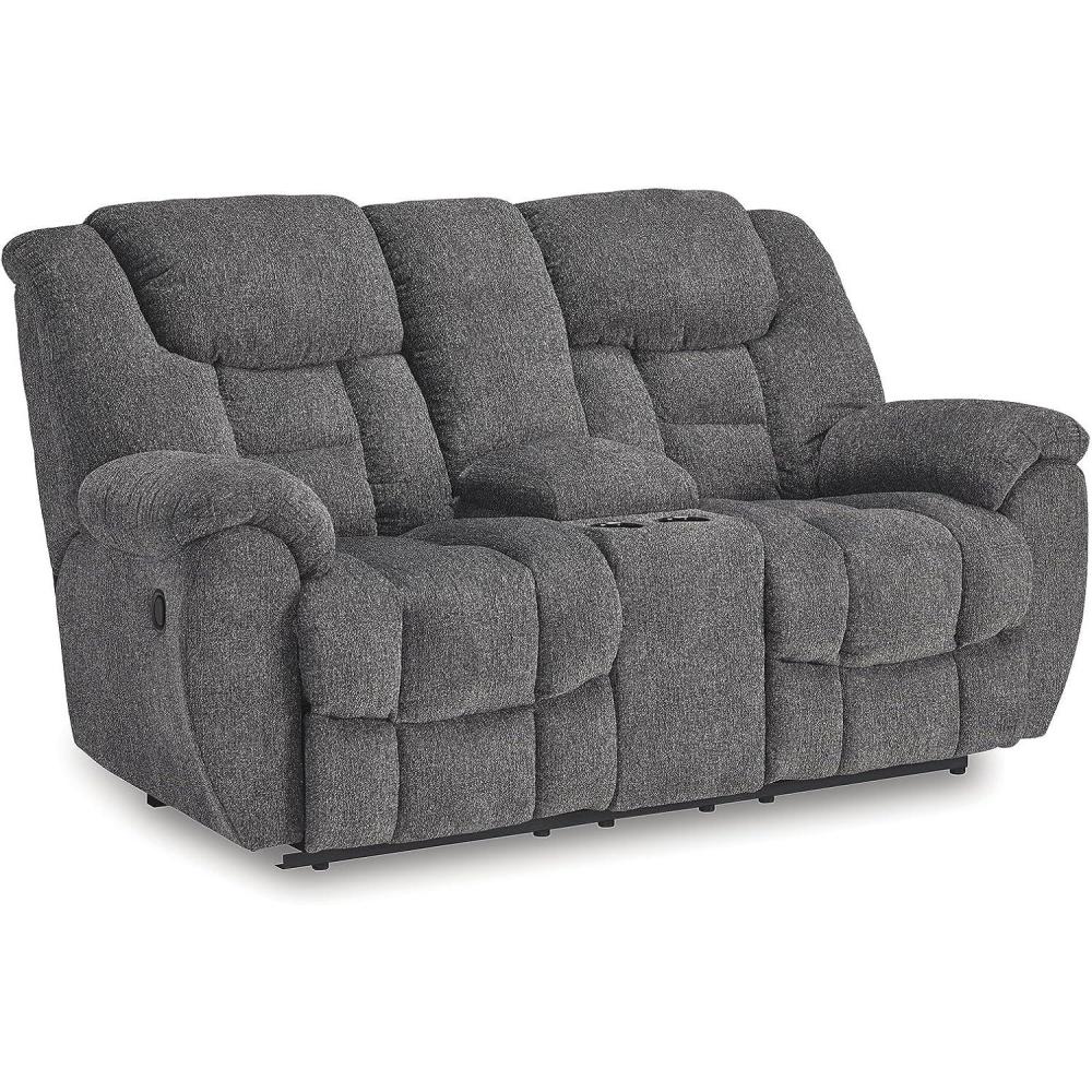 imageSignature Design by Ashley Foreside Contemporary Stain Resistant Manual Reclining Sofa GrayReclining Loveseat with Console