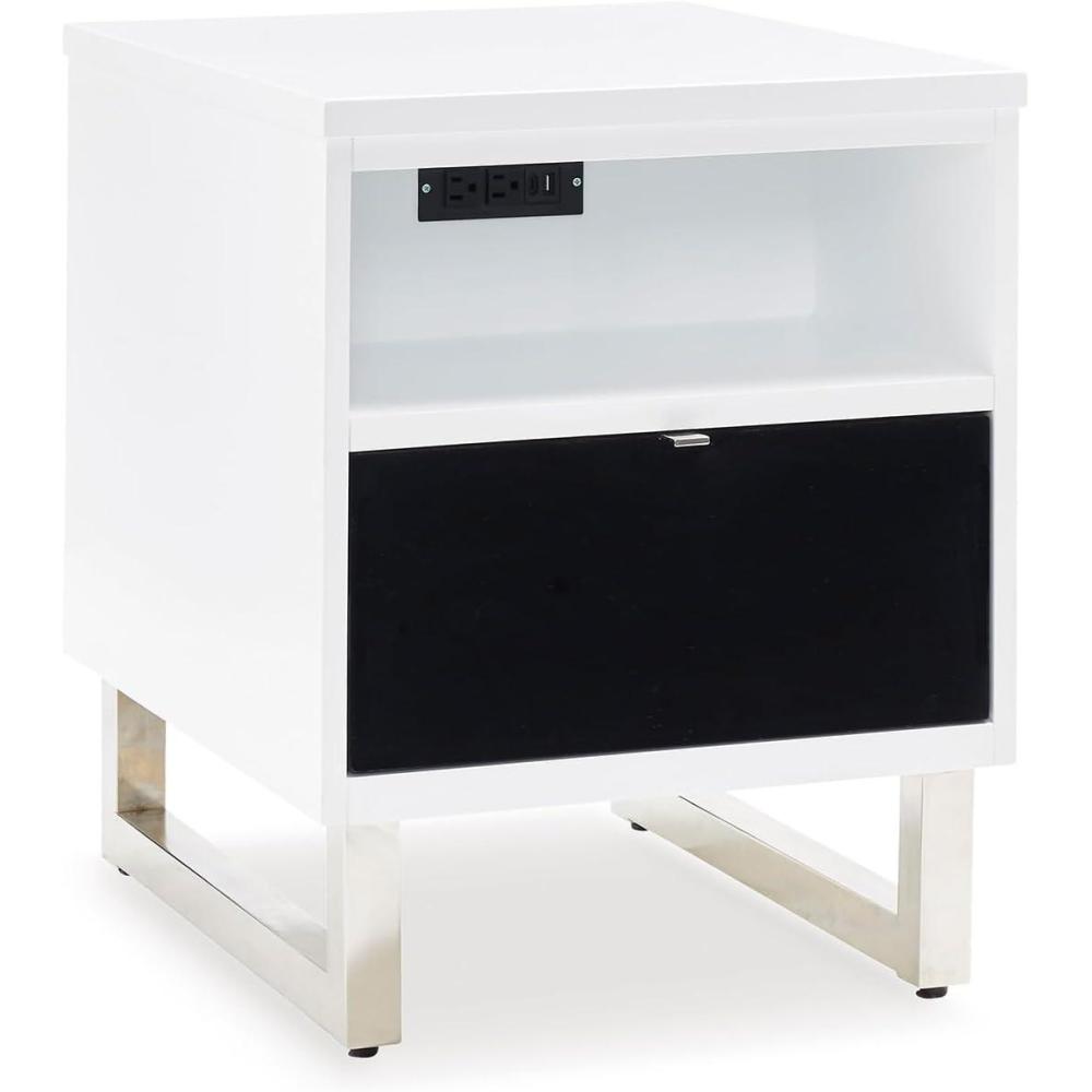 imageSignature Design by Ashley Gardoni Modern 1Drawer Chairside End Table with USB Ports Open Shelf and High Gloss Finish White ampamp Black