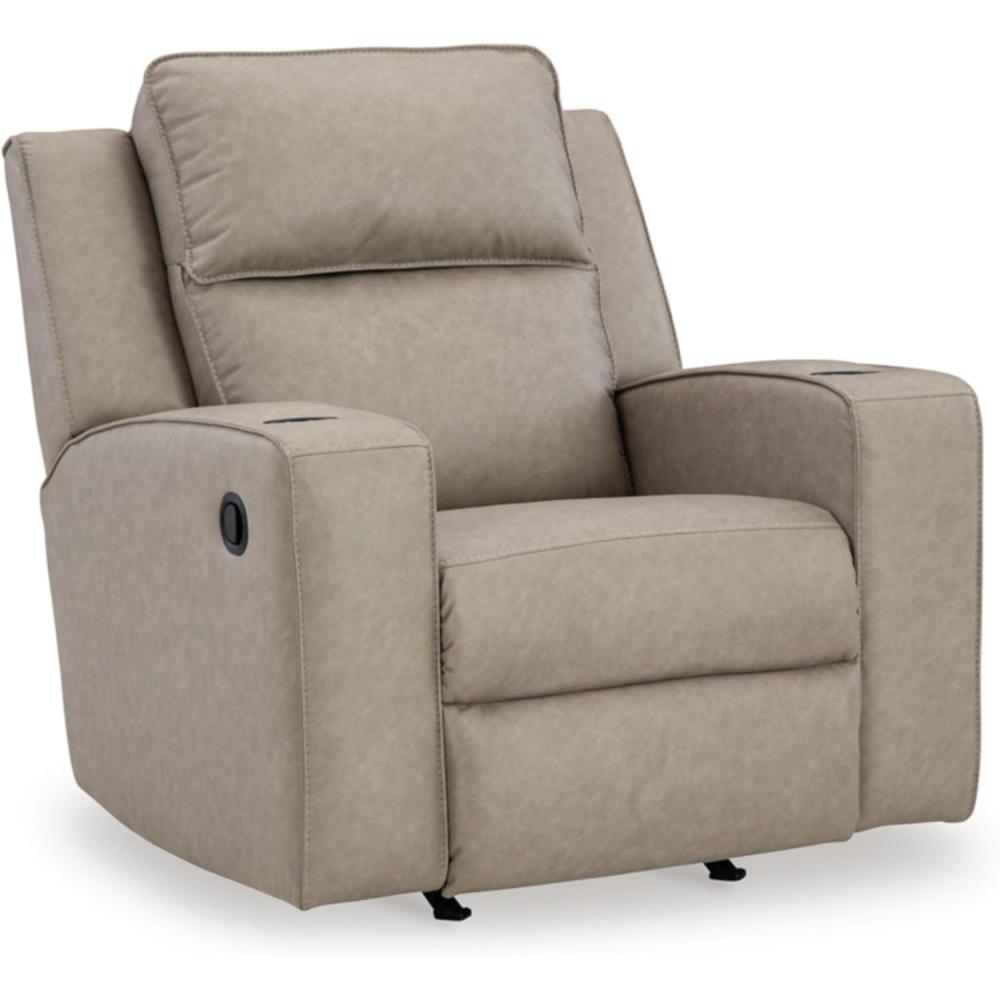 imageSignature Design by Ashley Lavenhorne Contemporary Faux Leather Upholstered Manual Rocker Recliner with 2 Cup Holders BeigeBeige