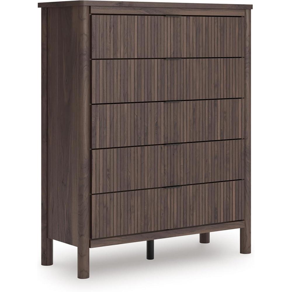 imageSignature Design by Ashley Symarro Vintage 5Drawer Wide Chest with Easy Glide and Safety Stop for Bedroom Dark Brown