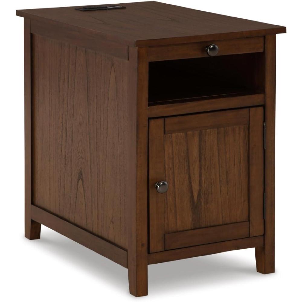 imageSignature Design by Ashley Treytown Casual Compact Chairside End Table with a Storage Cabinet Open Cubby Shelf PullOut Tray ampamp USB Charging Ports BrownBrown