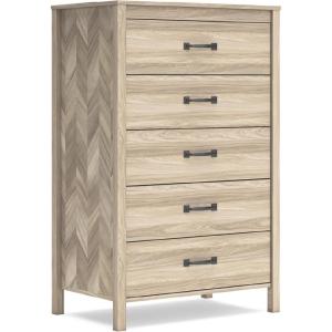 Signature Design by Ashley Battelle Mid-Century Modern 5 Drawer Wide Chest with Safety Stop for Bedroom, Light Brown
