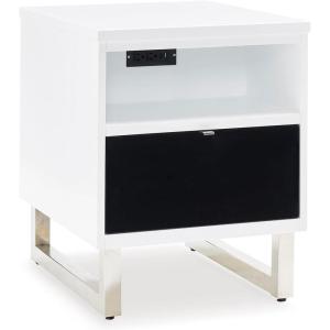 Signature Design by Ashley Gardoni Modern 1-Drawer Chairside End Table with USB Ports, Open Shelf, and High Gloss Finish, White & Black