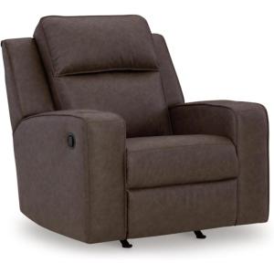 Signature Design by Ashley Lavenhorne Contemporary Faux Leather Upholstered Manual Rocker Recliner with 2 Cup Holders, Beige(Dark Brown)