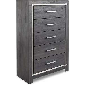 Signature Design by Ashley Lodanna Modern Glam 5 Drawer Chest, Faceted Chrome-tone Pulls and Accents, Wood, 33.75″ Wide x 15.75″ Deep x 51″ High, Gray(Grey)