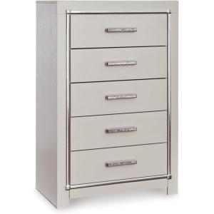 Signature Design by Ashley Lodanna Modern Glam 5 Drawer Chest, Faceted Chrome-tone Pulls and Accents, Wood, 33.75″ Wide x 15.75″ Deep x 51″ High, Gray(Chrome)