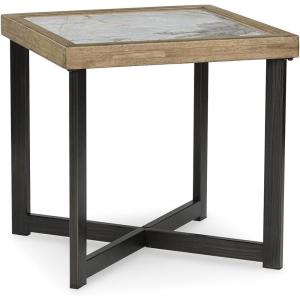 Signature Design by Ashley Montia Modern Stone-Tabletop End Table with Cross Legs, Dark Brown & Black