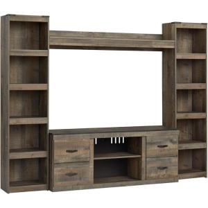 Signature Design by Ashley Trinell Rustic 4-Piece Entertainment Center for TVs up to 69″, Light Brown(Brown)