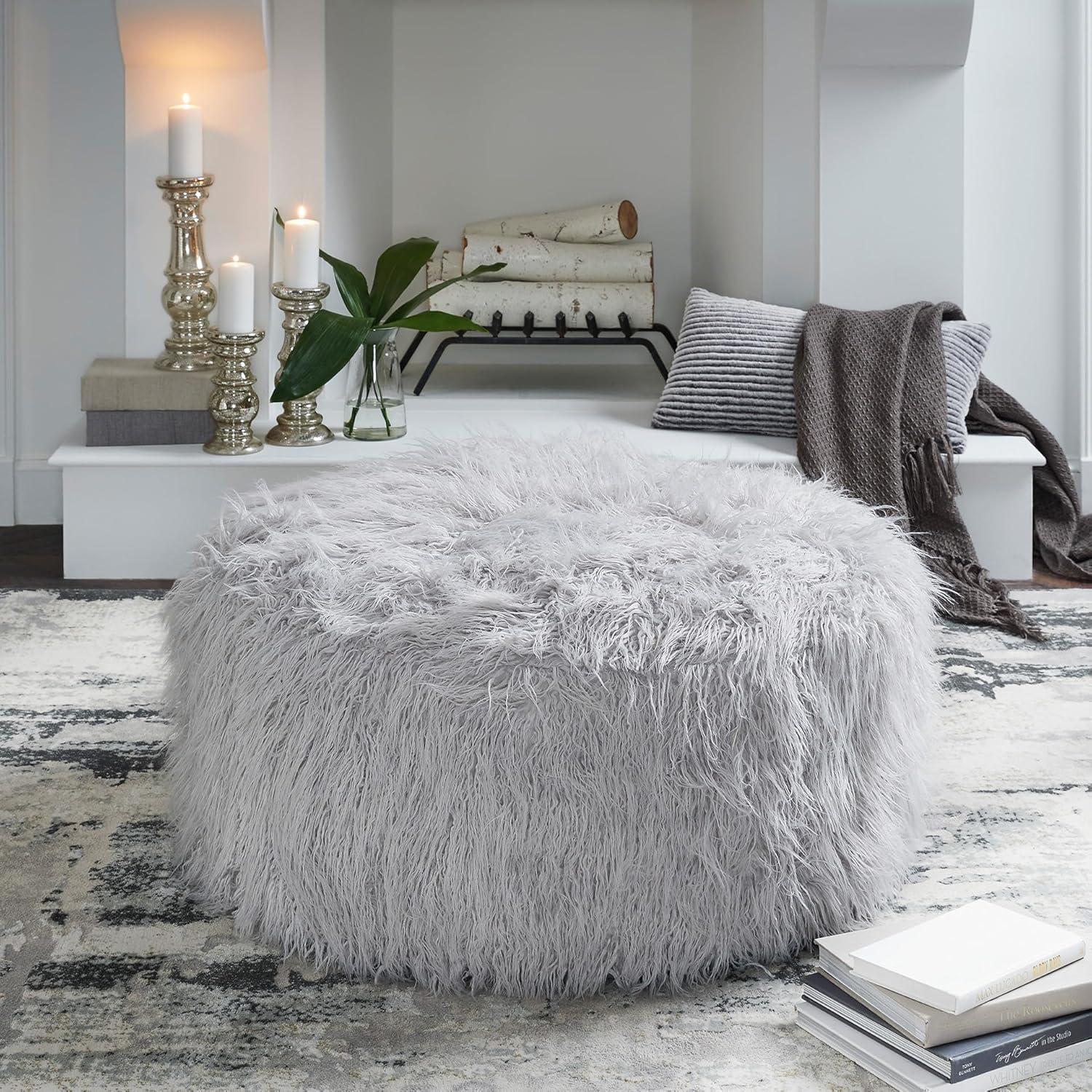 imageSignature Design by Ashley Galice Casual Faux Fur Oversized Accent Ottoman Light GrayLight Gray