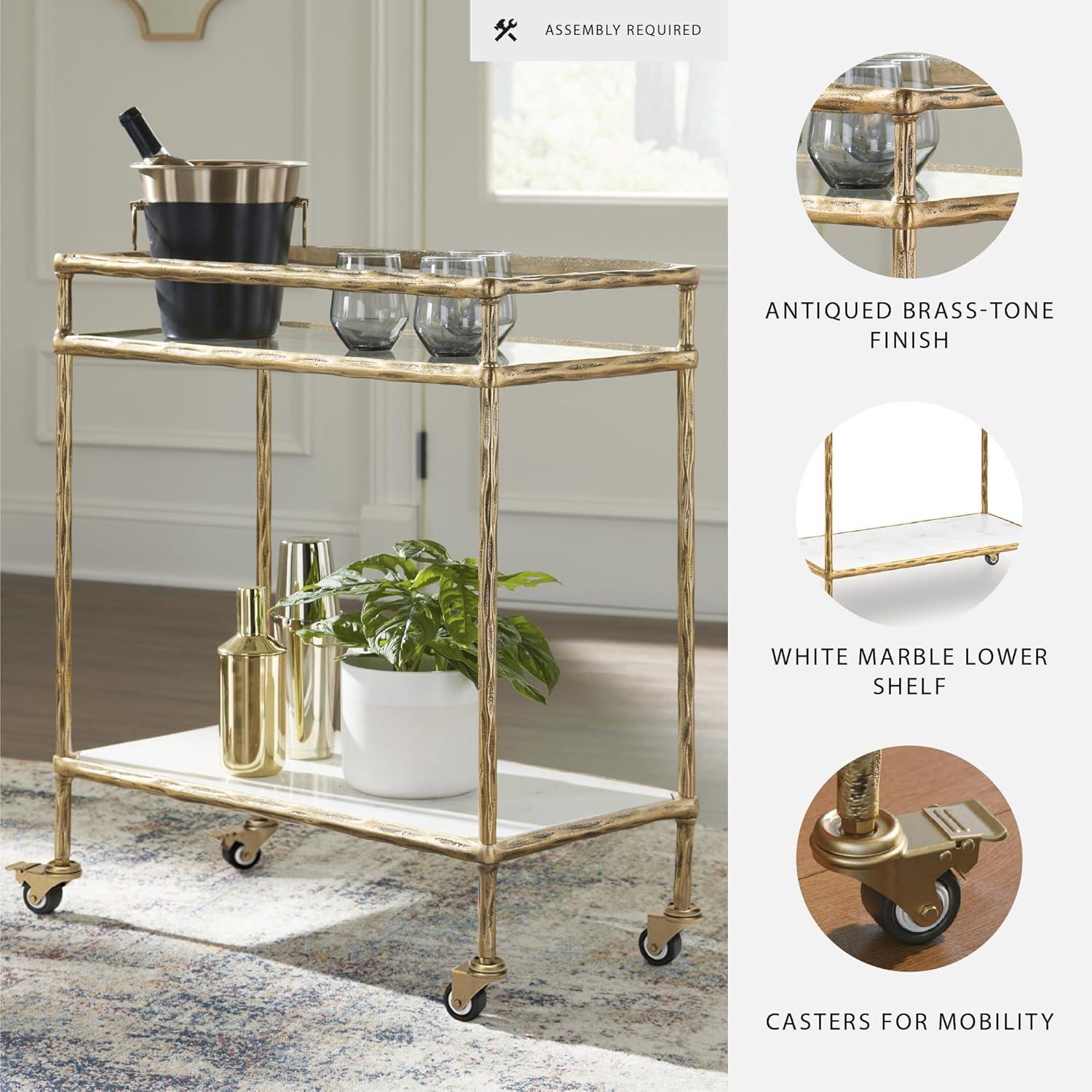imageSignature Design by Ashley Plattfield Casual Antiqued 2Tier Bar Cart with Casters for Kitchen and Dining Room Metallic ampamp WhiteAntique Gold Finish