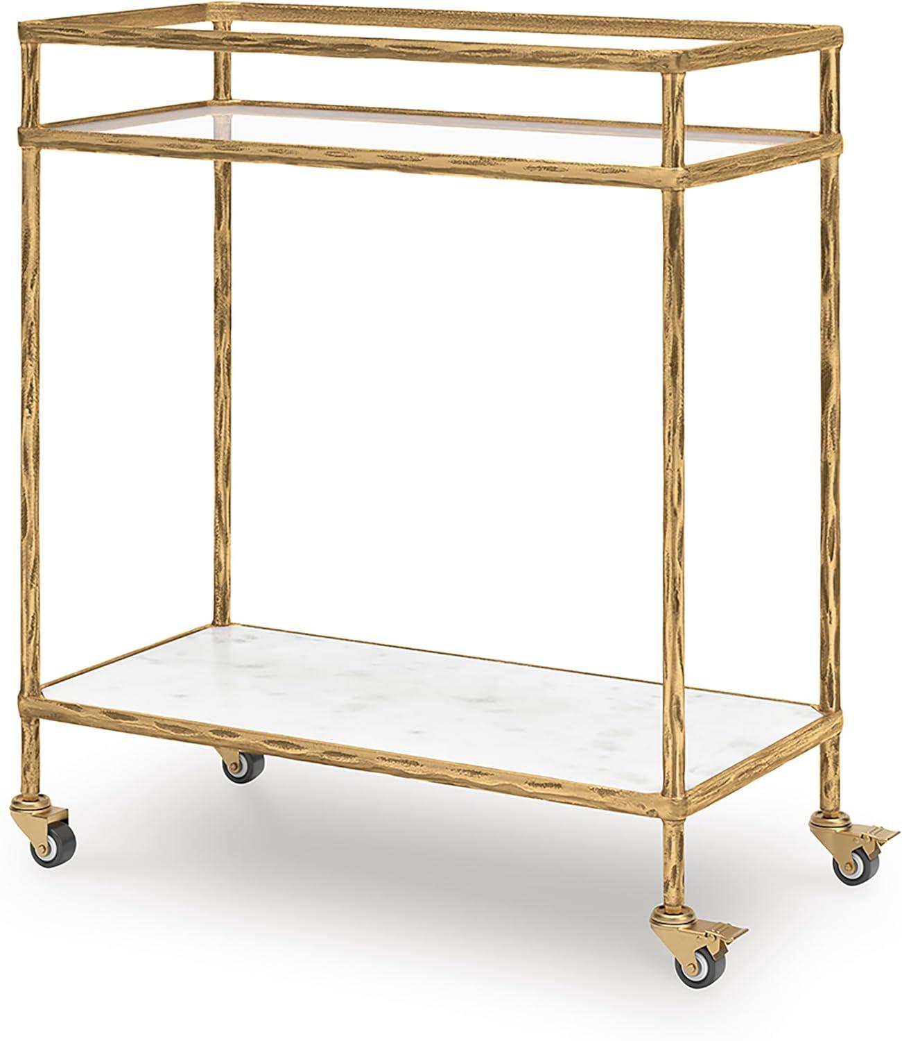 imageSignature Design by Ashley Plattfield Casual Antiqued 2Tier Bar Cart with Casters for Kitchen and Dining Room Metallic ampamp WhiteAntique Gold Finish