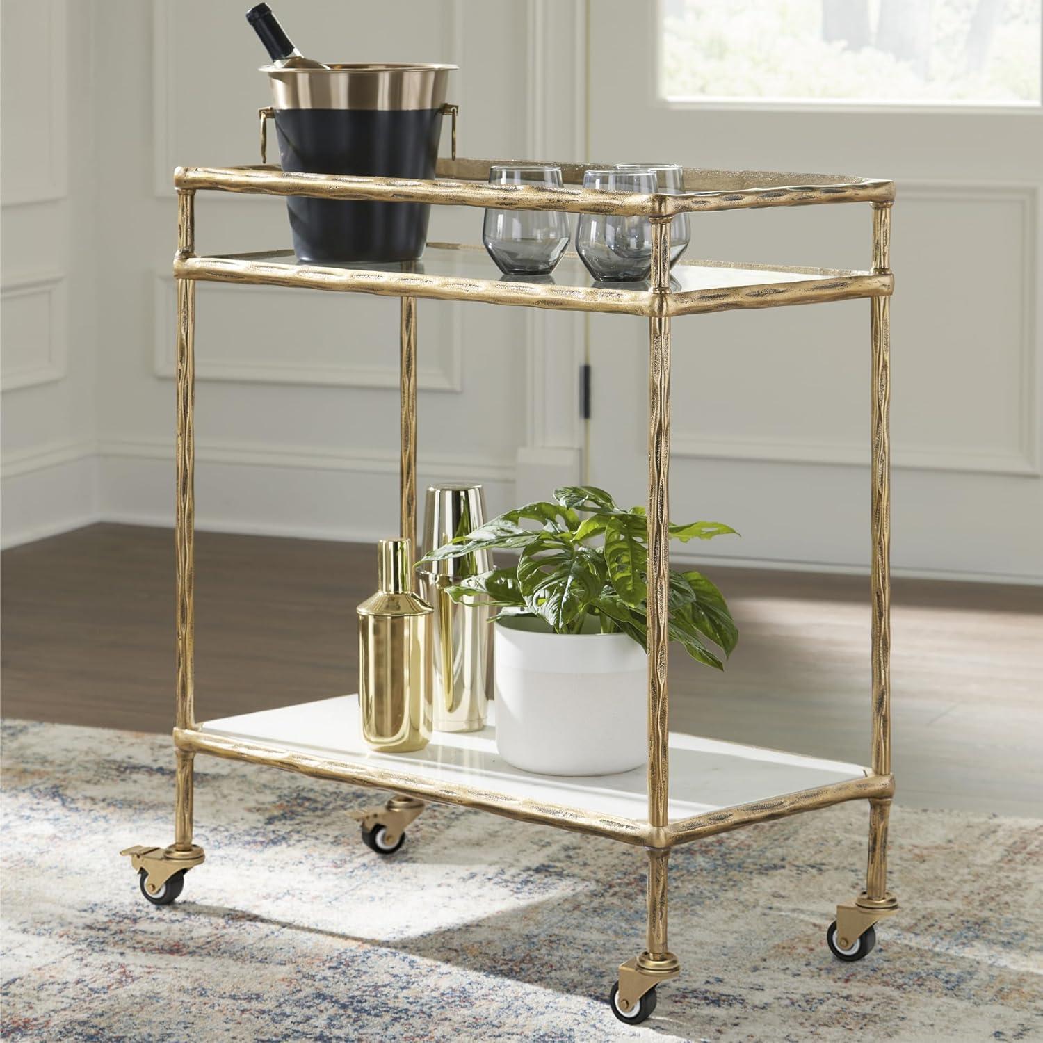 imageSignature Design by Ashley Plattfield Casual Antiqued 2Tier Bar Cart with Casters for Kitchen and Dining Room Metallic ampamp WhiteAntique Gold Finish
