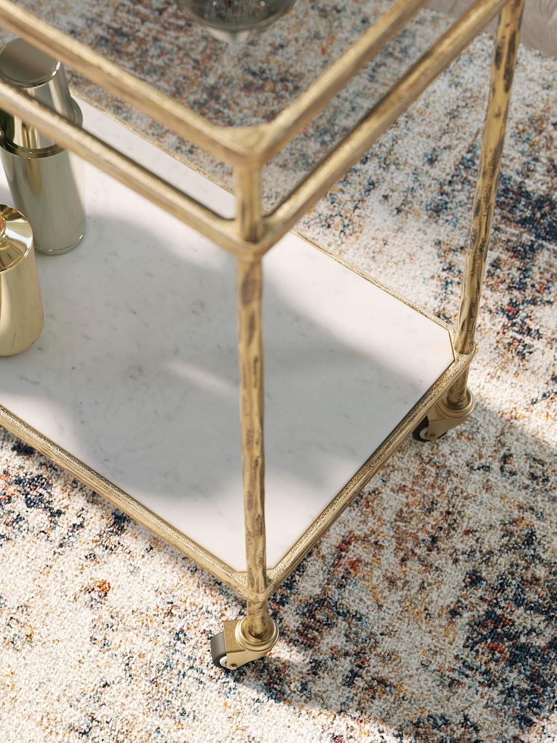 imageSignature Design by Ashley Plattfield Casual Antiqued 2Tier Bar Cart with Casters for Kitchen and Dining Room Metallic ampamp WhiteAntique Gold Finish