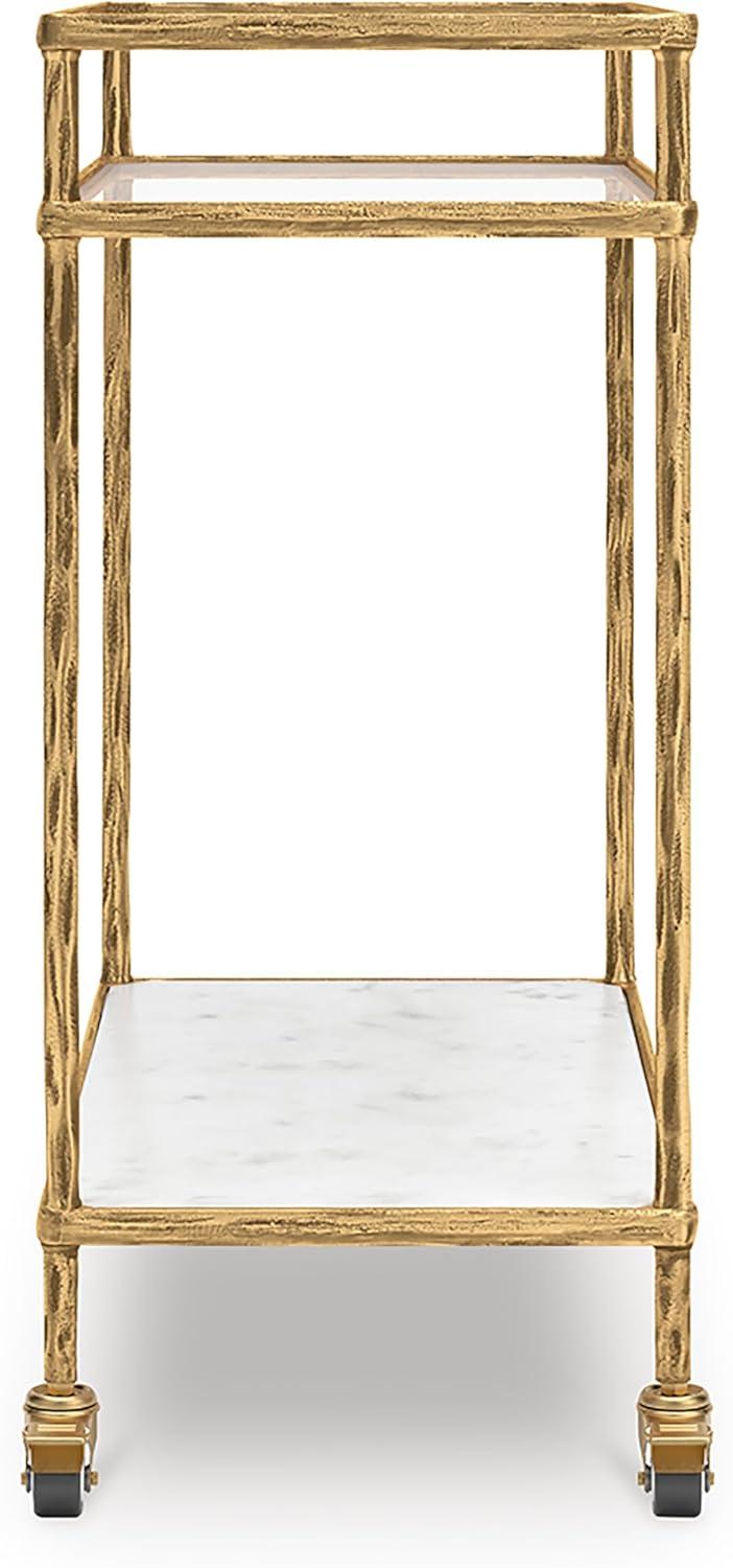 imageSignature Design by Ashley Plattfield Casual Antiqued 2Tier Bar Cart with Casters for Kitchen and Dining Room Metallic ampamp WhiteAntique Gold Finish