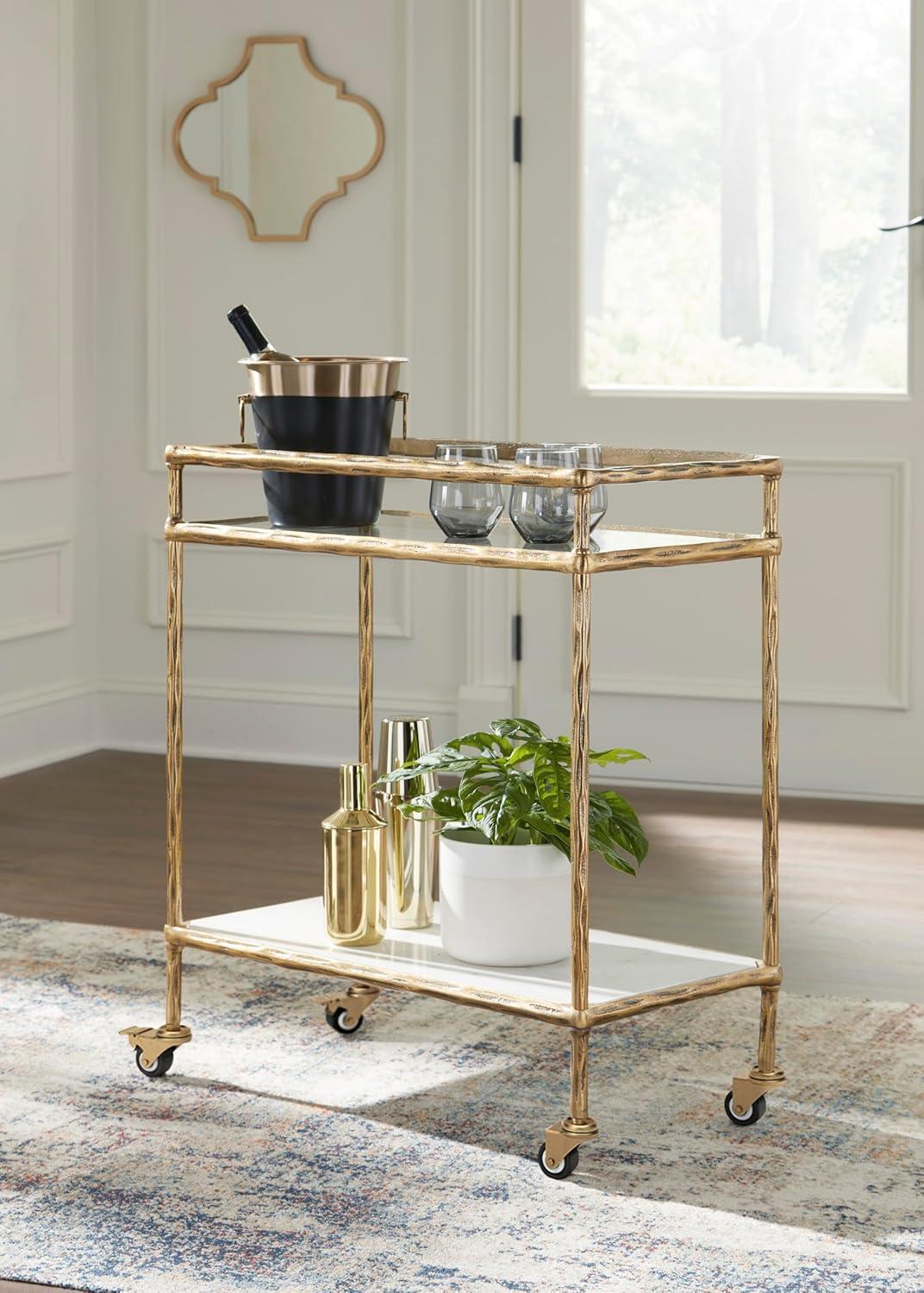 imageSignature Design by Ashley Plattfield Casual Antiqued 2Tier Bar Cart with Casters for Kitchen and Dining Room Metallic ampamp WhiteAntique Gold Finish