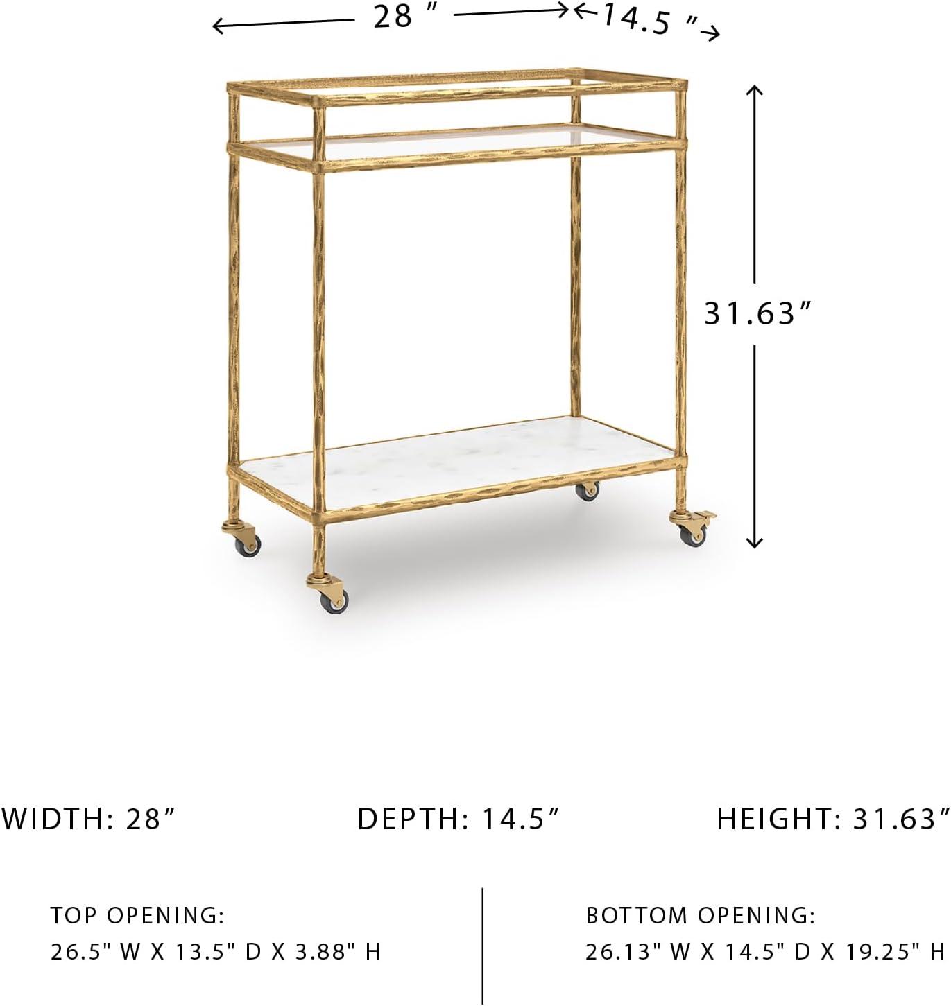 imageSignature Design by Ashley Plattfield Casual Antiqued 2Tier Bar Cart with Casters for Kitchen and Dining Room Metallic ampamp WhiteAntique Gold Finish
