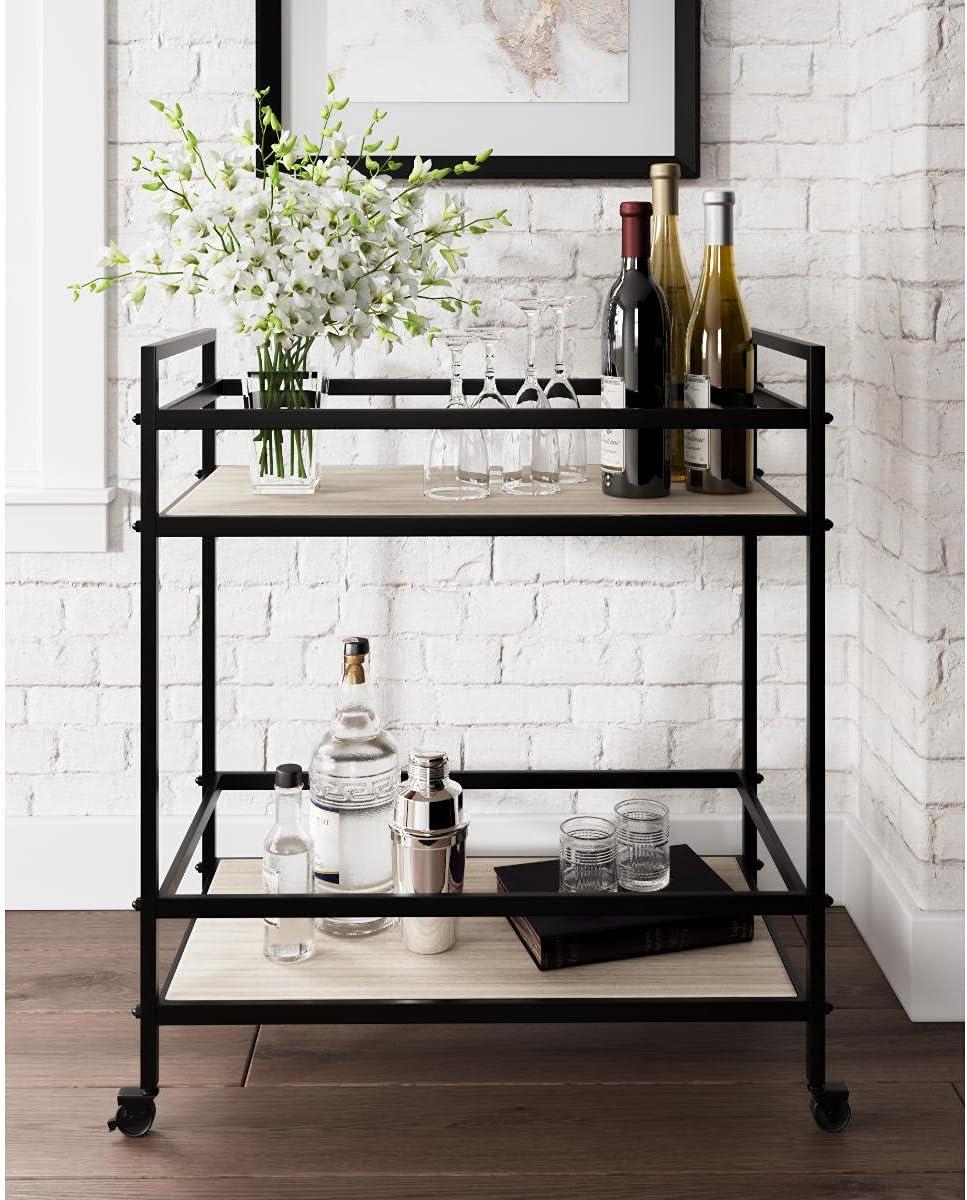 imageSignature Design by Ashley Plattfield Casual Antiqued 2Tier Bar Cart with Casters for Kitchen and Dining Room Metallic ampamp WhiteBlack Glass
