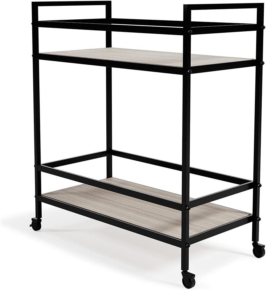 imageSignature Design by Ashley Plattfield Casual Antiqued 2Tier Bar Cart with Casters for Kitchen and Dining Room Metallic ampamp WhiteBlack Glass