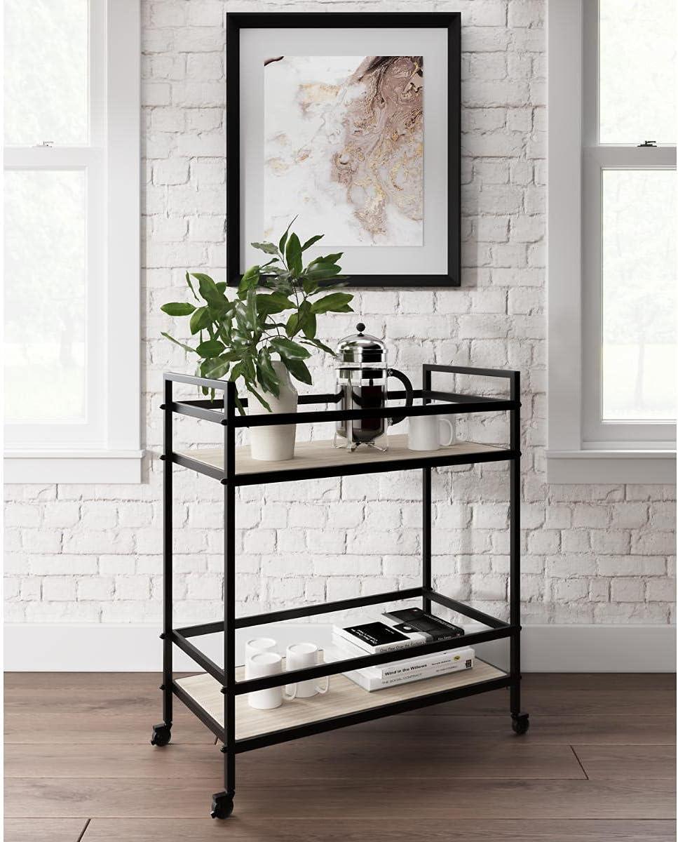 imageSignature Design by Ashley Plattfield Casual Antiqued 2Tier Bar Cart with Casters for Kitchen and Dining Room Metallic ampamp WhiteBlack Glass