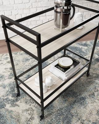 imageSignature Design by Ashley Plattfield Casual Antiqued 2Tier Bar Cart with Casters for Kitchen and Dining Room Metallic ampamp WhiteBlack Glass