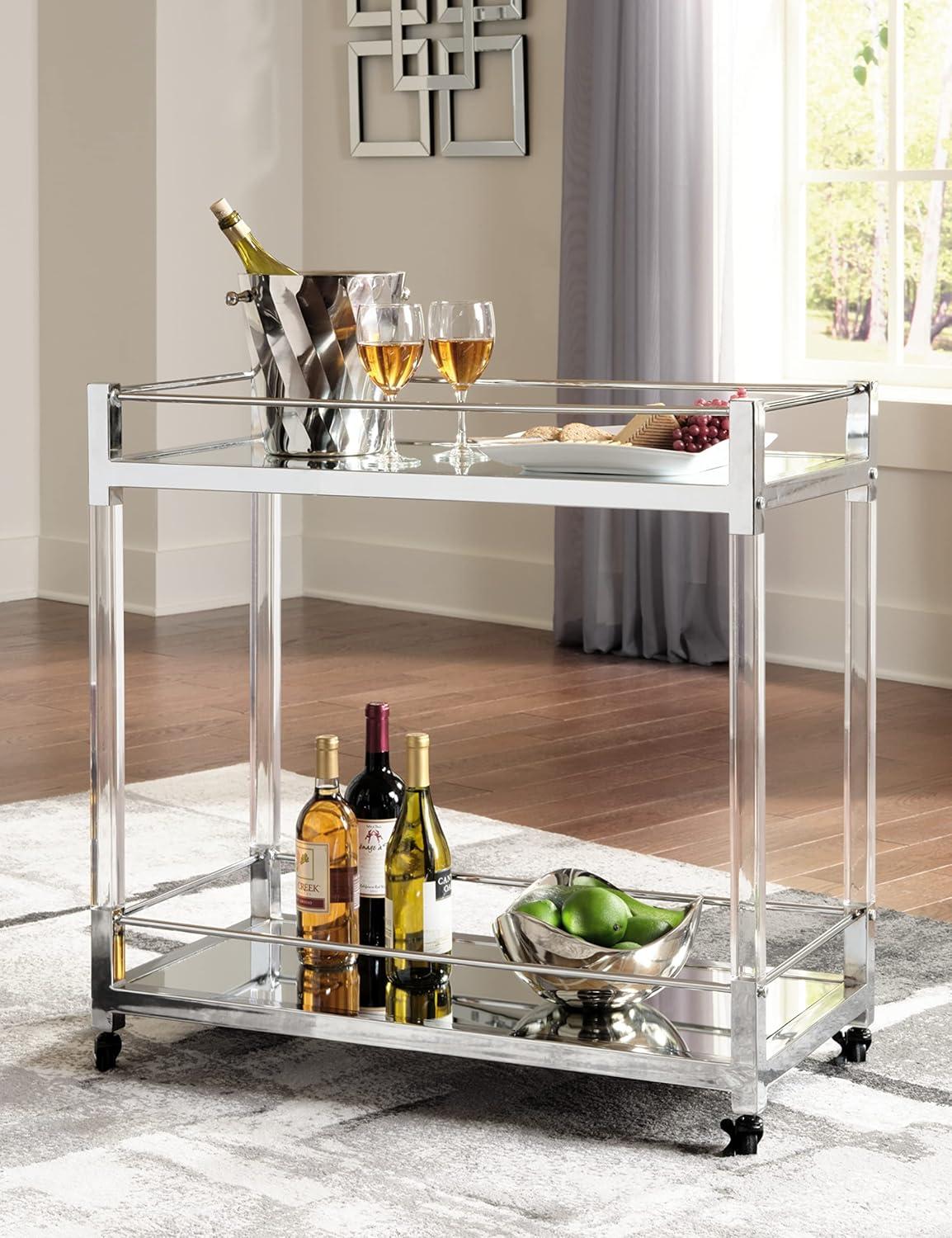 imageSignature Design by Ashley Plattfield Casual Antiqued 2Tier Bar Cart with Casters for Kitchen and Dining Room Metallic ampamp WhiteClear Silver Finish