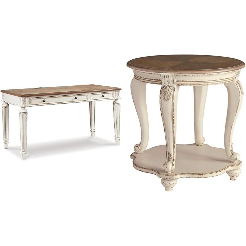 imageAshley Realyn 60quot Home Office Desk with USB Charging ampamp Round End Table Chipped WhiteStandard