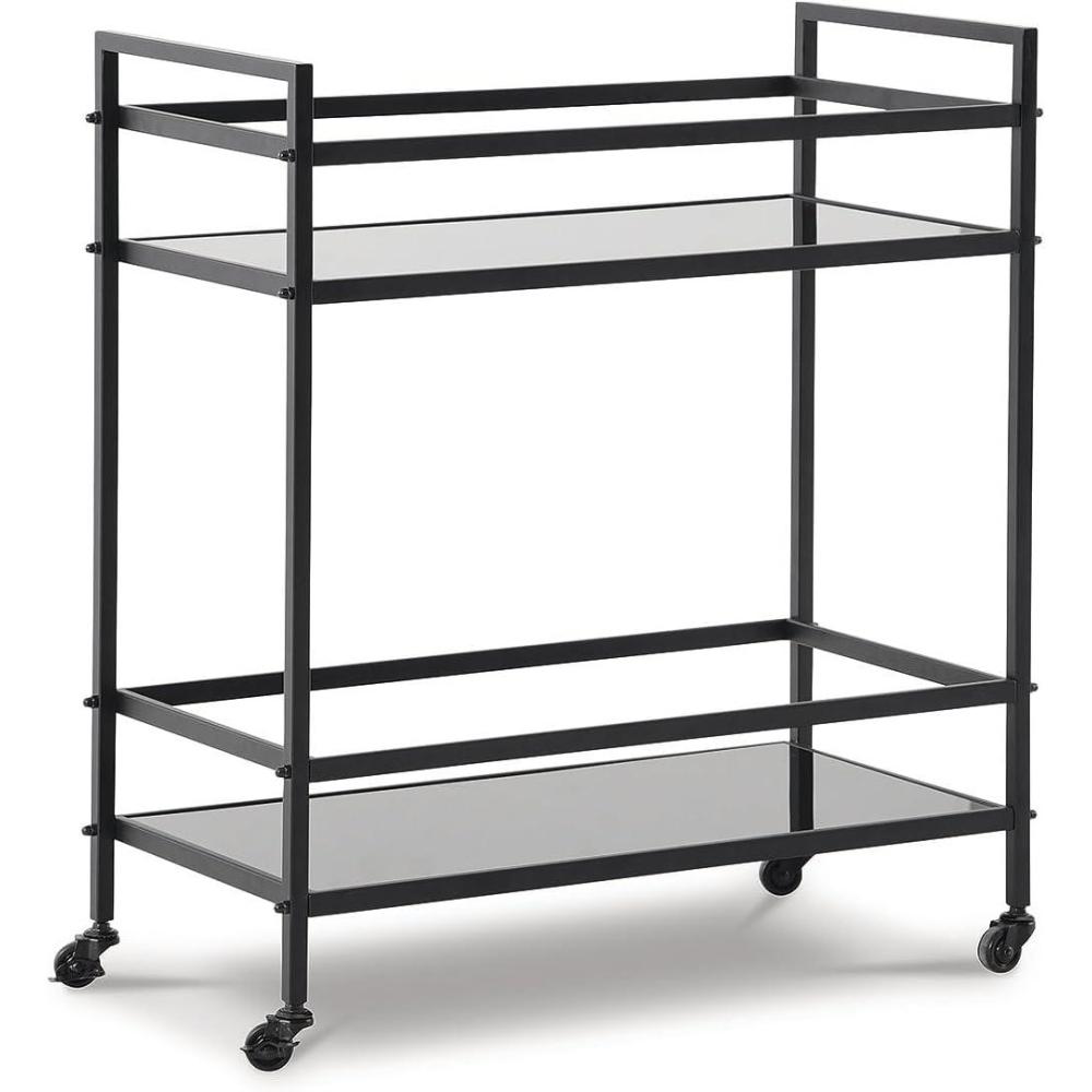 imageSignature Design by Ashley Plattfield Casual Antiqued 2Tier Bar Cart with Casters for Kitchen and Dining Room Metallic ampamp WhiteBlack Tan