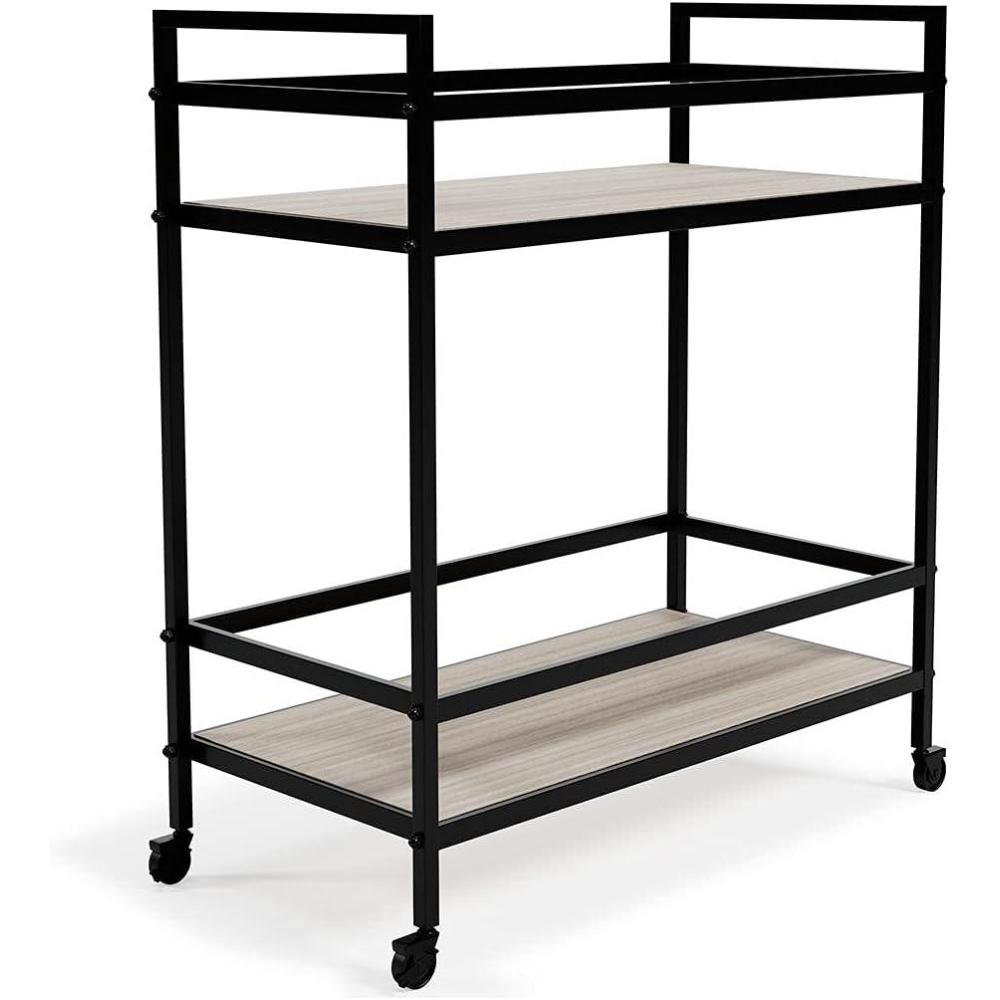 imageSignature Design by Ashley Plattfield Casual Antiqued 2Tier Bar Cart with Casters for Kitchen and Dining Room Metallic ampamp WhiteBlack Glass