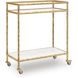 Signature Design by Ashley Plattfield Casual Antiqued 2-Tier Bar Cart with Casters, for Kitchen and Dining Room, Metallic & White(Antique Gold Finish)