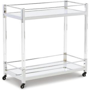 Signature Design by Ashley Plattfield Casual Antiqued 2-Tier Bar Cart with Casters, for Kitchen and Dining Room, Metallic & White(Clear & Silver Finish)
