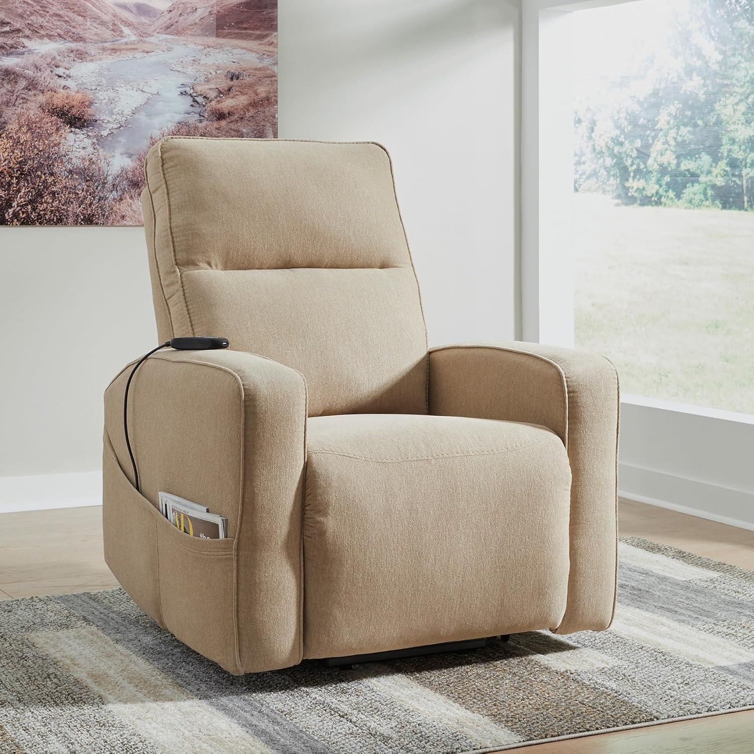imageSignature Design by Ashley Starganza Modern Stain Resistant Power Lift Recliner with Heat Massage Function and Side Pocket BeigeBeige