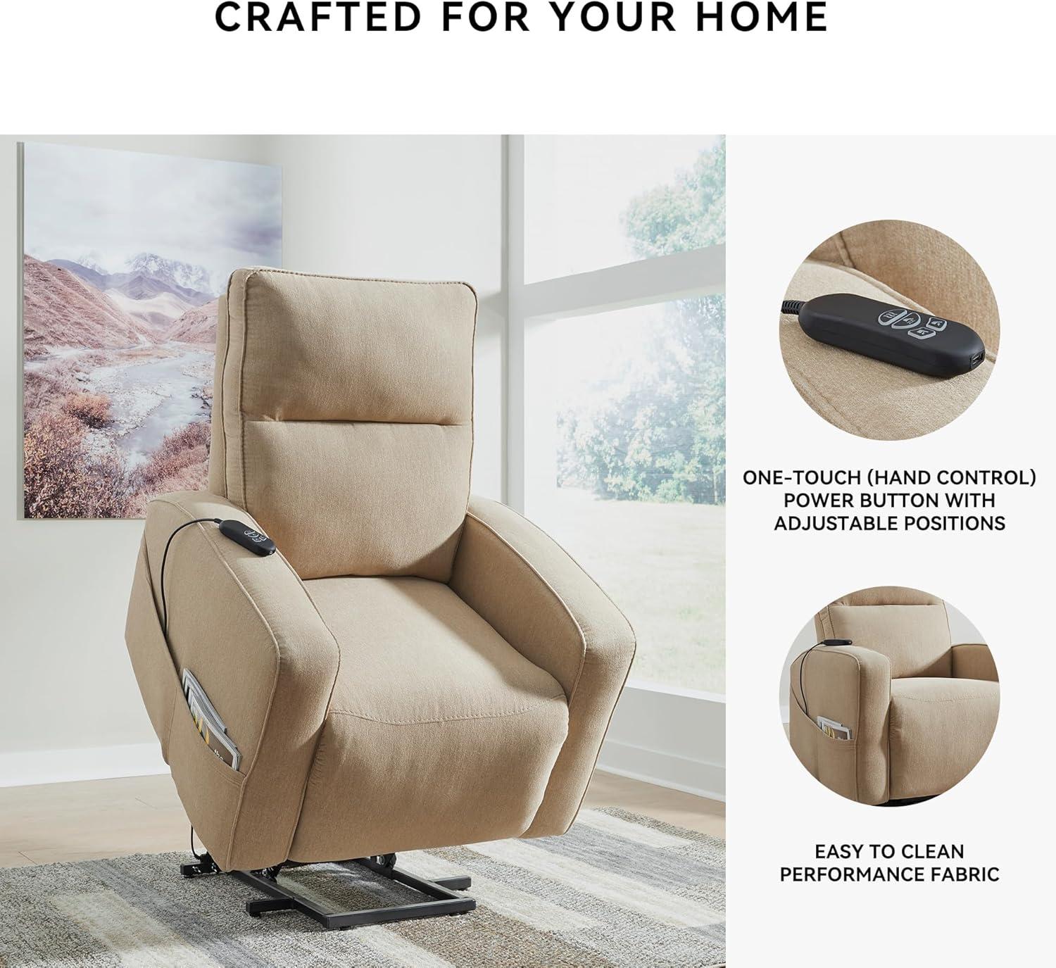 imageSignature Design by Ashley Starganza Modern Stain Resistant Power Lift Recliner with Heat Massage Function and Side Pocket BeigeBeige